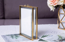 Load image into Gallery viewer, Brass Gold Metal Double Photo Frame / Rectangle /Standing portrait twin photo frame